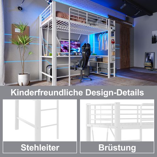 Lit Mezzanine 90x200cm Avec Bureau, LED, Rangement Et Prise USB Type-c, Blanc