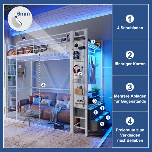 Lit Mezzanine 90x200cm En Métal Avec LED, Tiroirs Et Bureau, Blanc