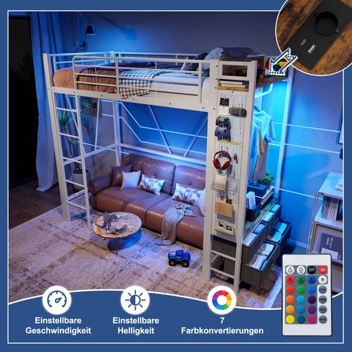 Lit Mezzanine 90x200cm En Métal Avec LED, Tiroirs Et Bureau, Blanc