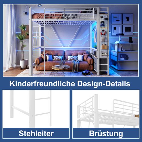Lit Mezzanine 90x200cm En Métal Avec LED, Tiroirs Et Bureau, Blanc