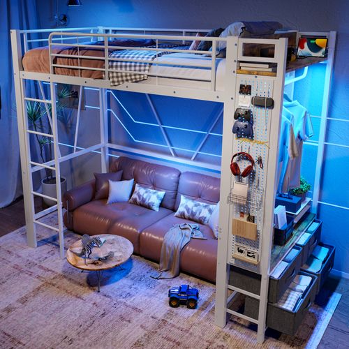 Lit Mezzanine 90x200cm En Métal Avec LED, Tiroirs Et Bureau, Blanc