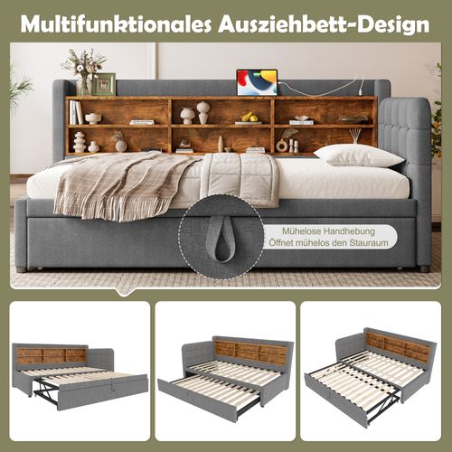 Lit Gigogne 90x200cm Convertible En 180x200cm Avec USB, Gris