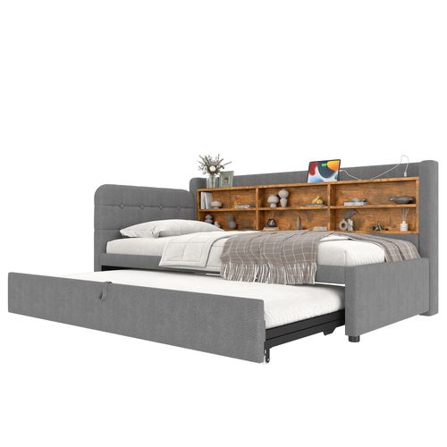 Lit Gigogne 90x200cm Convertible En 180x200cm Avec USB, Gris