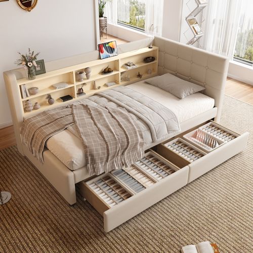 Lit Enfant 90x200cm Avec Tiroirs Et Ports USB + Type-c, Beige
