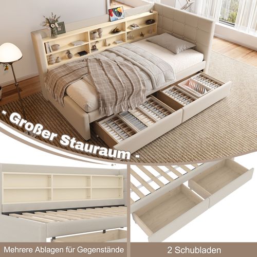 Lit Enfant 90x200cm Avec Tiroirs Et Ports USB + Type-c, Beige
