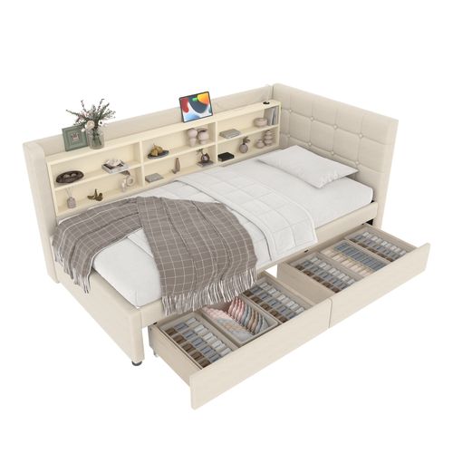 Lit Enfant 90x200cm Avec Tiroirs Et Ports USB + Type-c, Beige