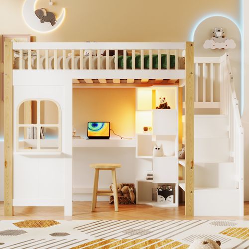 Lit Mezzanine 90x200 Cm Blanc Et Naturel Avec LED, Bureau Et Rangements