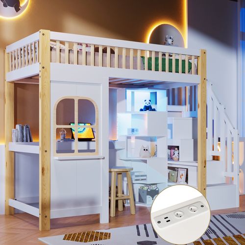 Lit Mezzanine 90x200 Cm Blanc Et Naturel Avec LED, Bureau Et Rangements