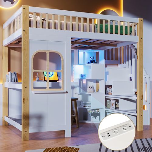 Lit Mezzanine 140x200 Cm Blanc Et Naturel Avec LED, Bureau Et Rangements