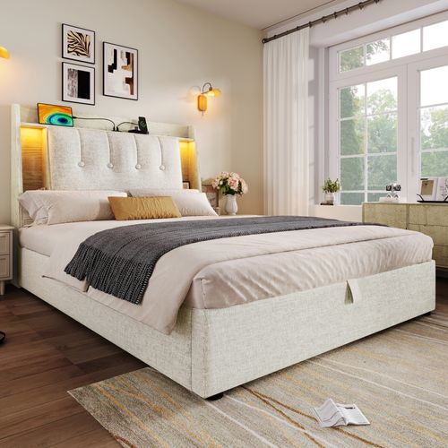Lit Coffre 90x200 Cm En Lin Beige Avec LED, USB Typ-c Et Rangement Multifonction