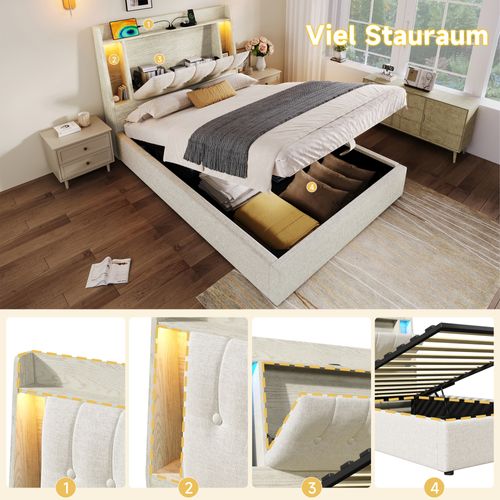 Lit Coffre 90x200 Cm En Lin Beige Avec LED, USB Typ-c Et Rangement Multifonction