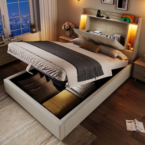 Lit Coffre 90x200 Cm En Lin Beige Avec LED, USB Typ-c Et Rangement Multifonction
