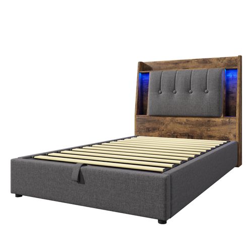 Lit 90x200 Cm En Lin Gris Avec LED, USB-c Et Rangement Pliable Multifonctionnel