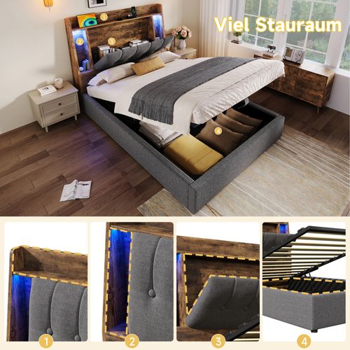 Lit 90x200 Cm En Lin Gris Avec LED, USB-c Et Rangement Pliable Multifonctionnel