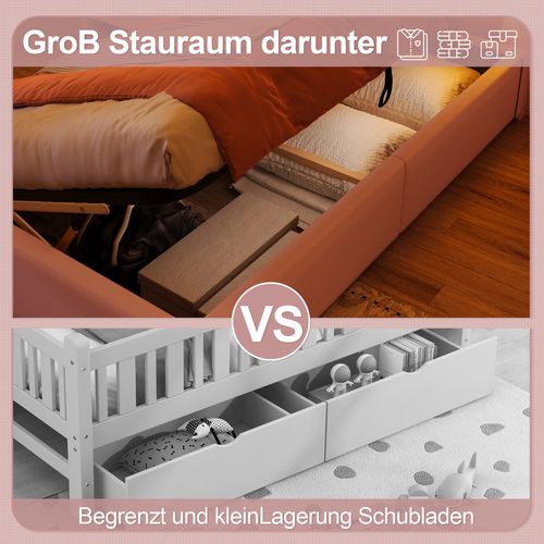 Lit Princesse 90x200 Cm Rose En Pu Avec LED, Tête Réglable Et Coffre Hydraulique