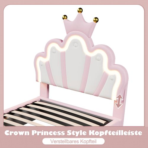 Lit Princesse 90x200 Cm Rose En Pu Avec LED, Tête Réglable Et Coffre Hydraulique