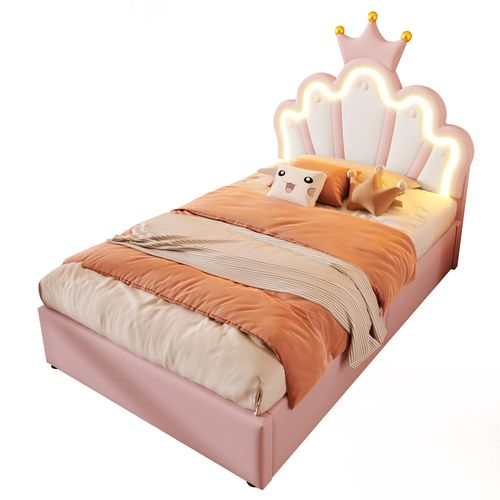 Lit Princesse 90x200 Cm Rose En Pu Avec LED, Tête Réglable Et Coffre Hydraulique