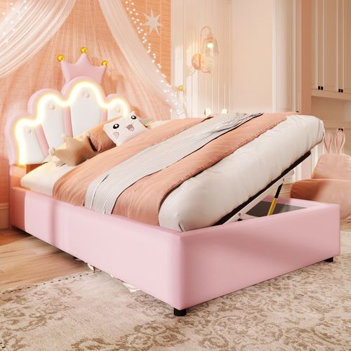Lit Princesse 90x200 Cm Rose En Pu Avec LED, Tête Réglable Et Coffre Hydraulique