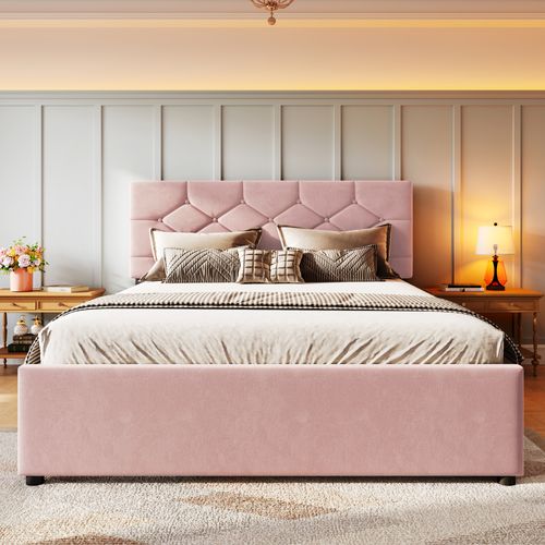 Lit 140x200 Cm En Velours Rose Avec Sommier Et Lit Gigogne