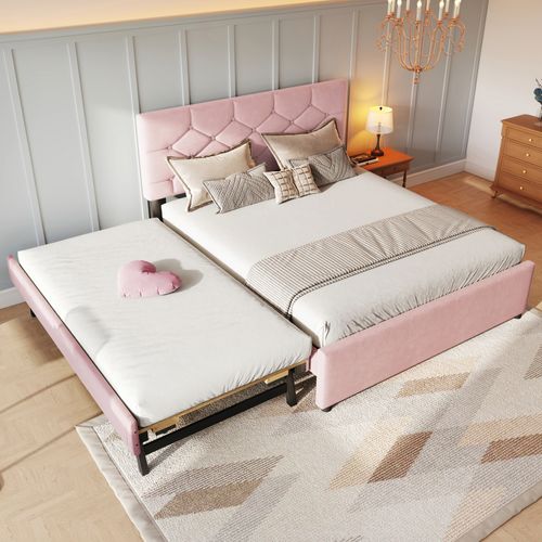 Lit 140x200 Cm En Velours Rose Avec Sommier Et Lit Gigogne