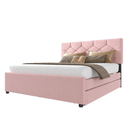 Lit 140x200 Cm En Velours Rose Avec Sommier Et Lit Gigogne