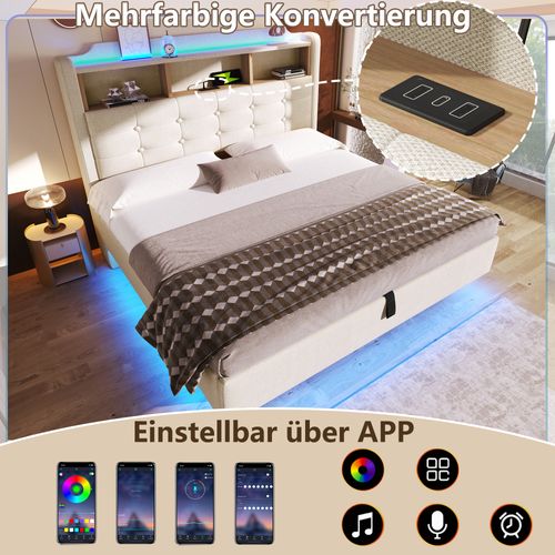 Lit Coffre 140x200 Cm En Lin Beige Avec LED Et USB