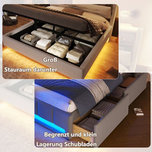 Lit Coffre 140x200 Cm En Lin Beige Avec LED Et USB