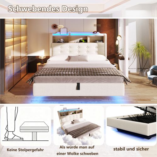 Lit Coffre 140x200 Cm En Lin Beige Avec LED Et USB