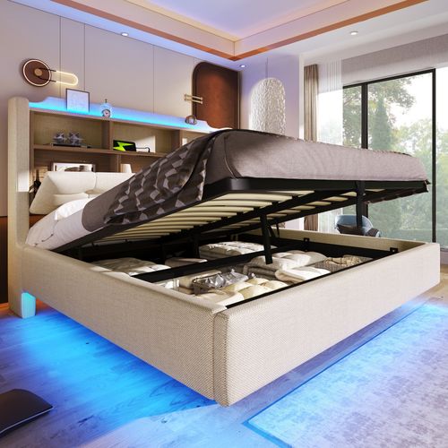 Lit Coffre 140x200 Cm En Lin Beige Avec LED Et USB