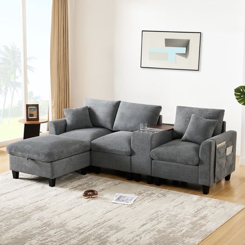 Canapé L Moderne Avec Console, USB, Porte-gobelets Et Pouf