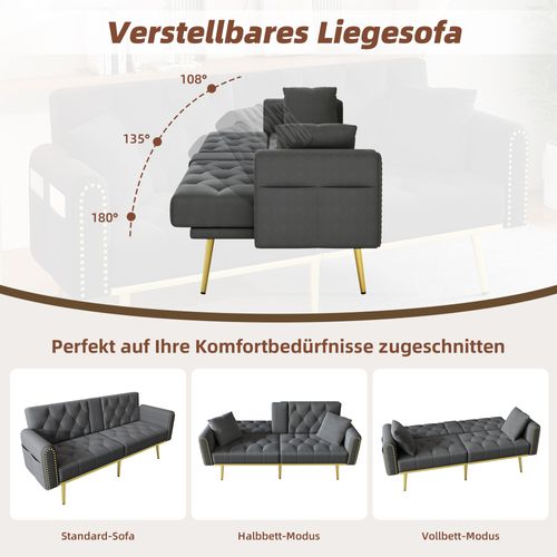 Canapé-lit Double Pliant En Velours Avec 3 Inclinaisons Et Porte-gobelets Gris