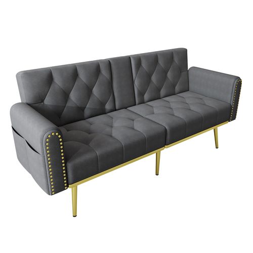 Canapé-lit Double Pliant En Velours Avec 3 Inclinaisons Et Porte-gobelets Gris