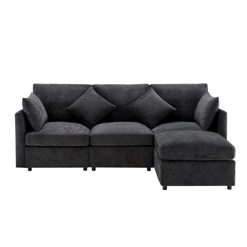 Canapé Chenille L-forme 3-4 Places Avec Pouf Et Coussins Noir