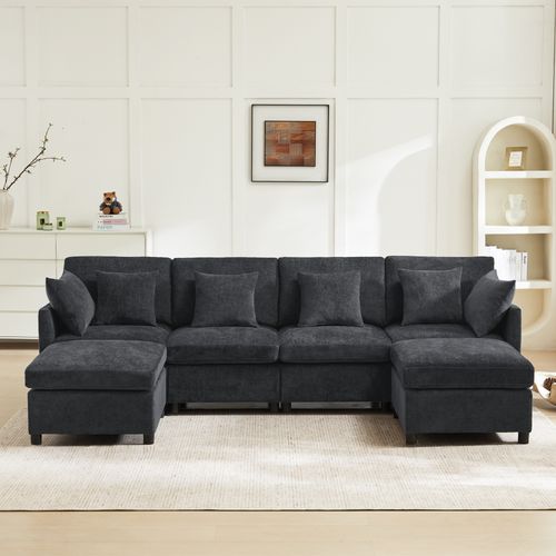 Canapé Modulable Chenille Gris Avec Poufs Amovibles Et 6 Coussins
