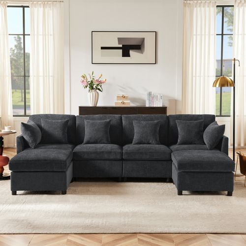 Canapé Modulable Chenille Gris Avec Poufs Amovibles Et 6 Coussins