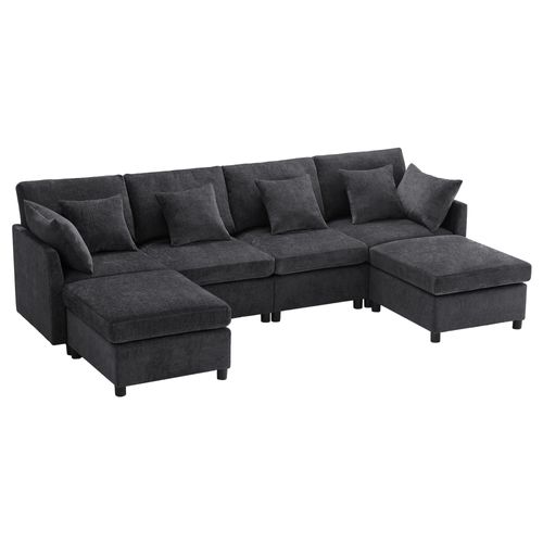 Canapé Modulable Chenille Gris Avec Poufs Amovibles Et 6 Coussins