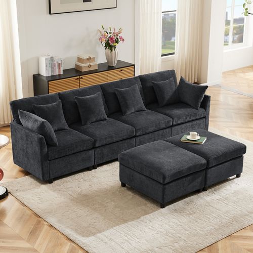 Canapé Modulable Chenille Gris Avec Poufs Amovibles Et 6 Coussins