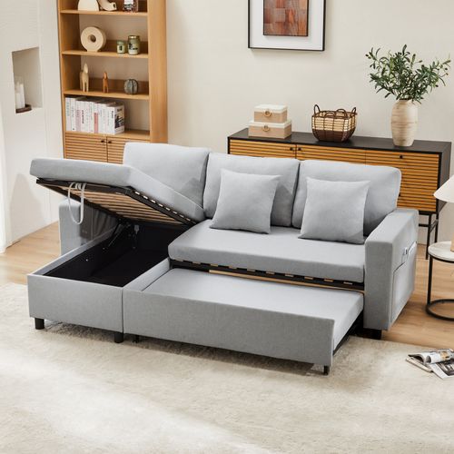 Canapé-lit L Convertible Avec Rangement Et Chaiselongue, 3-4 Places, Gris