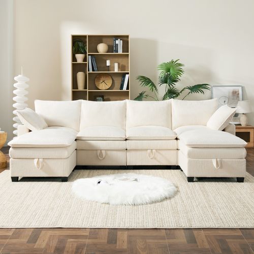 Canapé Modulable L/u En Corduroy Avec Rangements, USB Et Repose-pieds, Beige