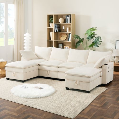Canapé Modulable L/u En Corduroy Avec Rangements, USB Et Repose-pieds, Beige
