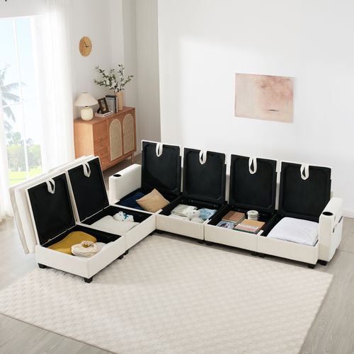 Canapé Modulable L/u En Corduroy Avec Rangements, USB Et Repose-pieds, Beige
