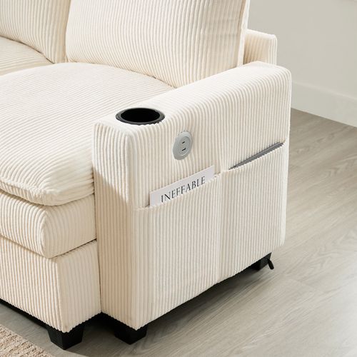 Canapé Modulable L/u En Corduroy Avec Rangements, USB Et Repose-pieds, Beige