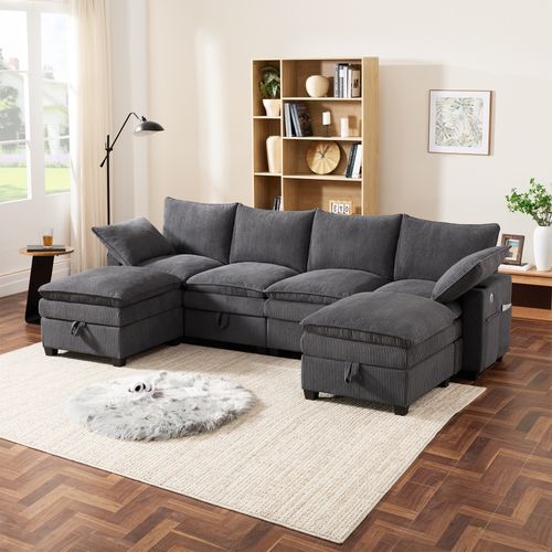 Canapé Modulable L/u En Corduroy Avec Rangement, USB Et Repose-pieds, Gris