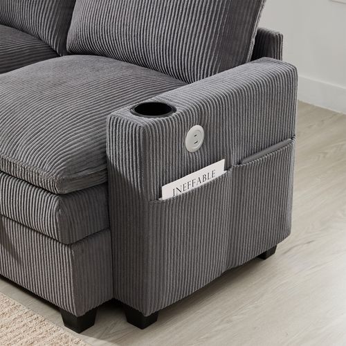 Canapé Modulable L/u En Corduroy Avec Rangement, USB Et Repose-pieds, Gris
