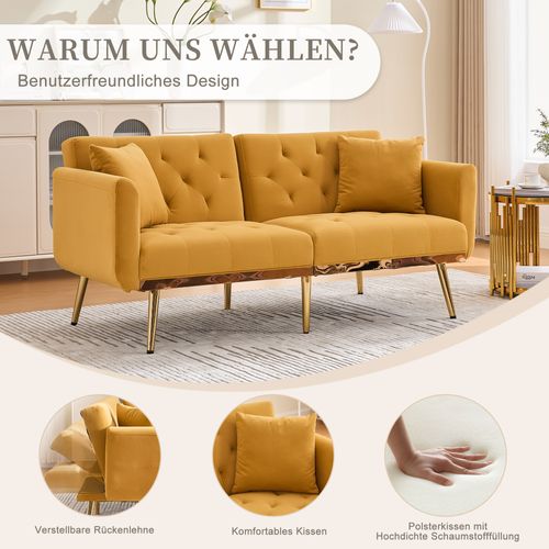 Canapé 3 Places En Velours Jaune Moutarde, Convertible Et Design Moderne