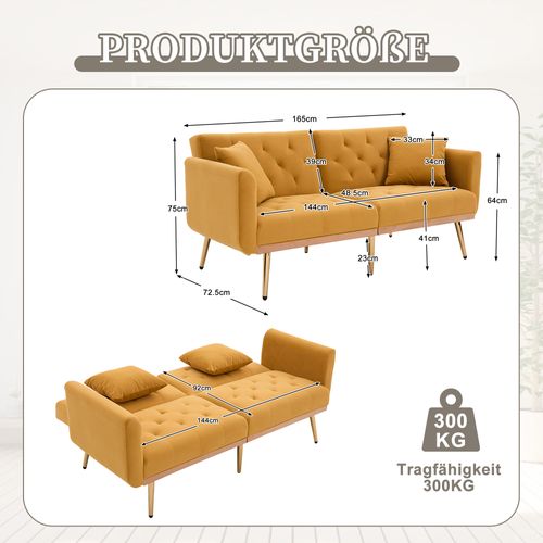 Canapé 3 Places En Velours Jaune Moutarde, Convertible Et Design Moderne