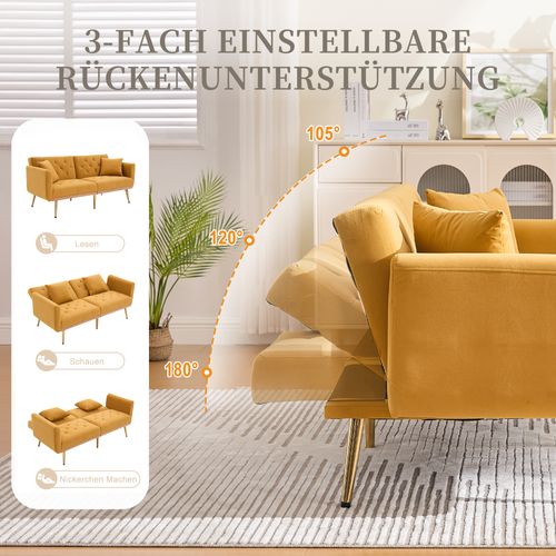 Canapé 3 Places En Velours Jaune Moutarde, Convertible Et Design Moderne