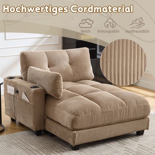 Canapé Convertible En Velours Kaki Avec Repose-tête, Accoudoirs Modulables Et Rangement