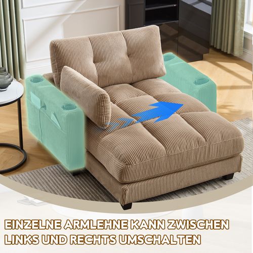 Canapé Convertible En Velours Kaki Avec Repose-tête, Accoudoirs Modulables Et Rangement