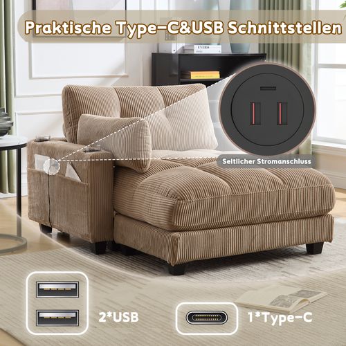 Canapé Convertible En Velours Kaki Avec Repose-tête, Accoudoirs Modulables Et Rangement